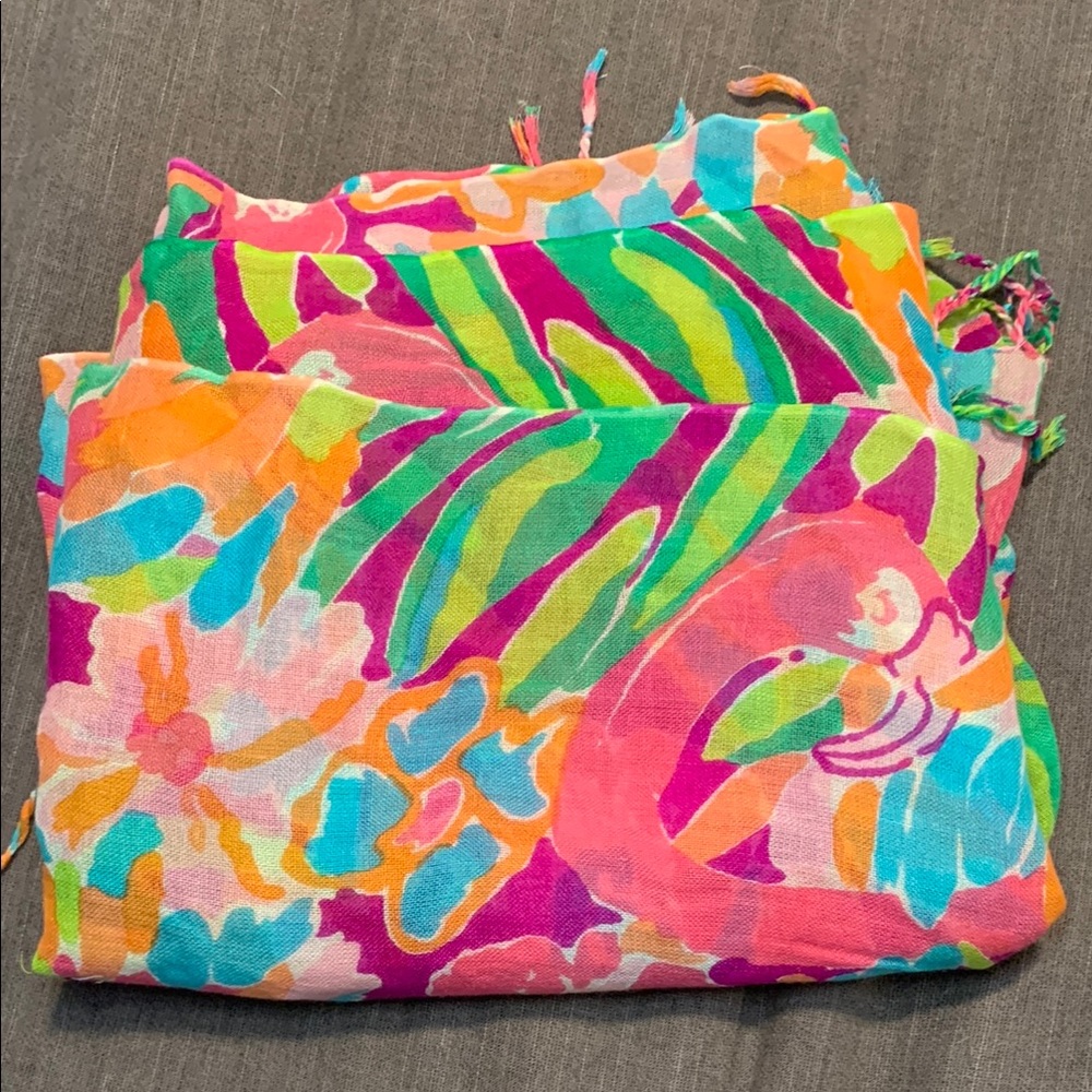 Lilly Pulitzer Murfee Cashmere Silk Floral Tropical Flamingo Scarf